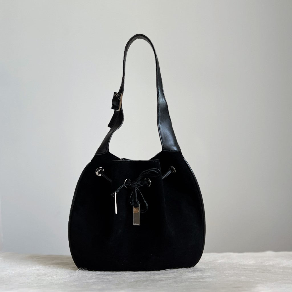 Gucci Black Suede Drawstring Small Bucket Shoulder Bag