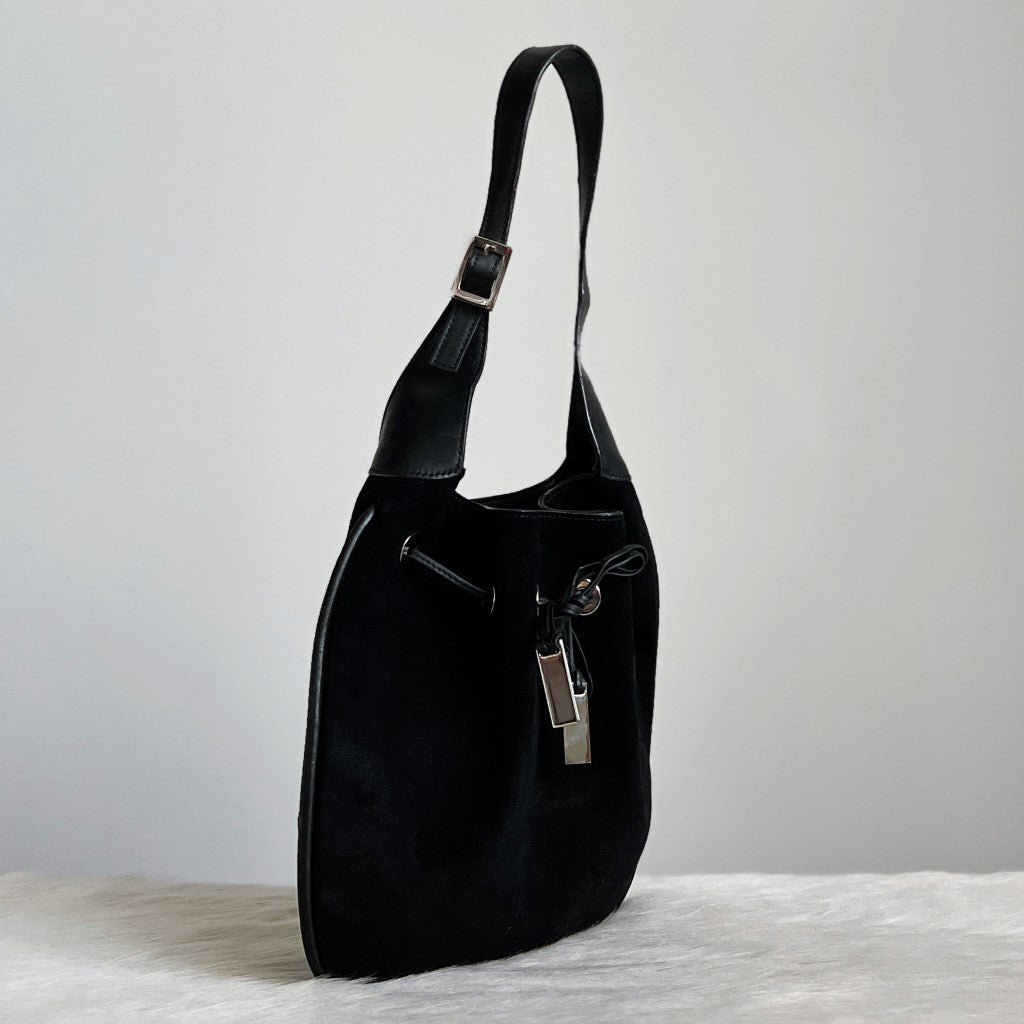 Gucci Black Suede Drawstring Small Bucket Shoulder Bag