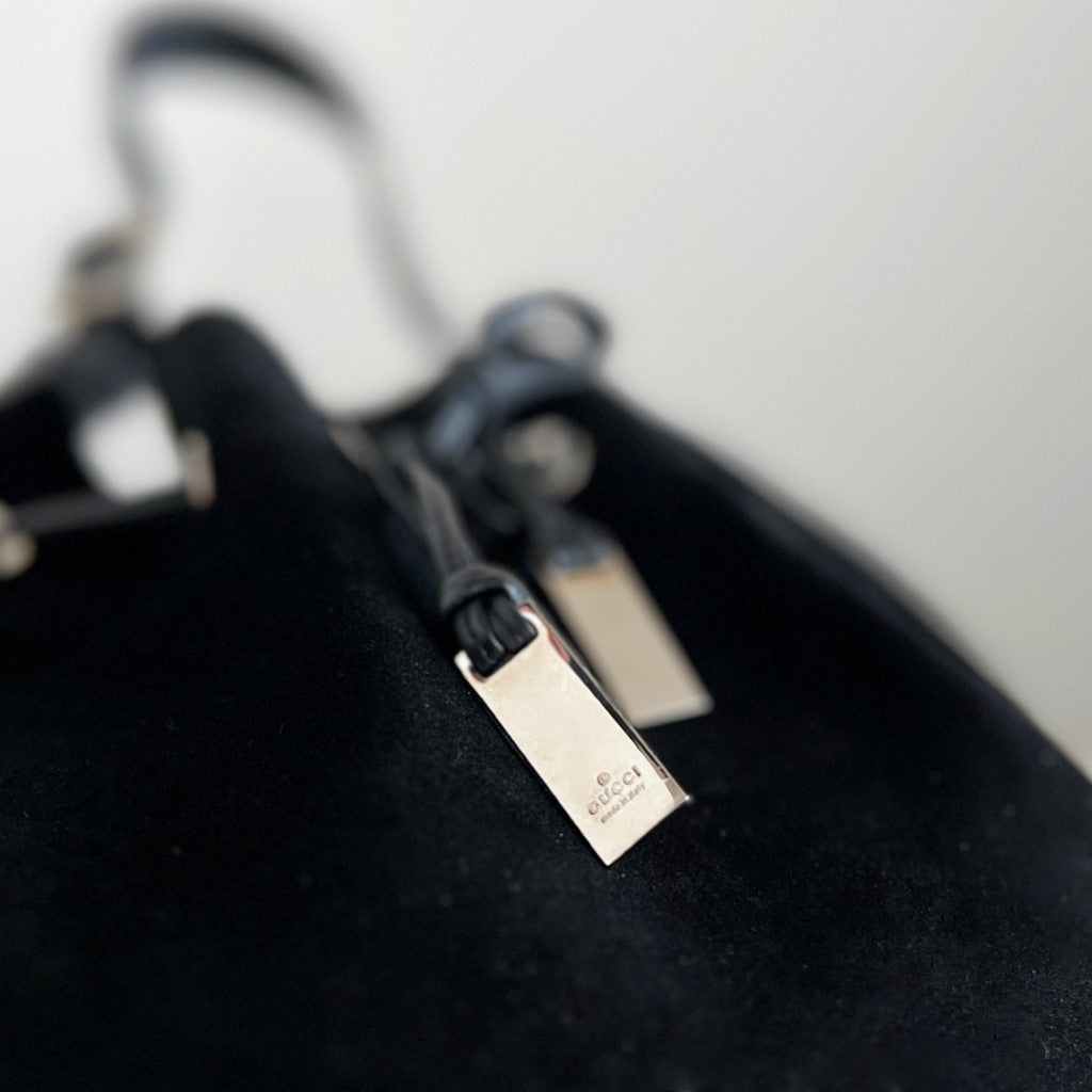 Gucci Black Suede Drawstring Small Bucket Shoulder Bag