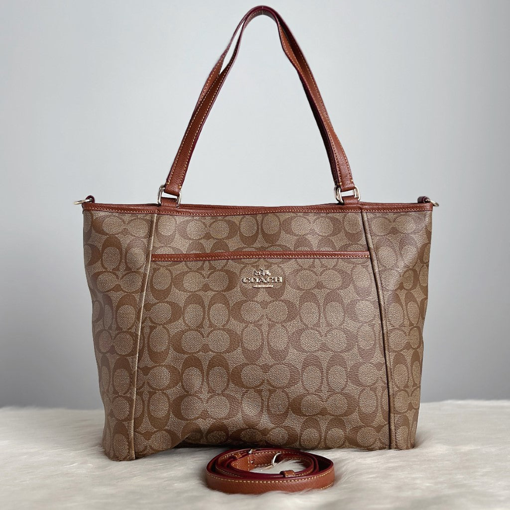 Coach Caramel Leather Monogram Carryall 2 Way Shoulder Bag Excellent