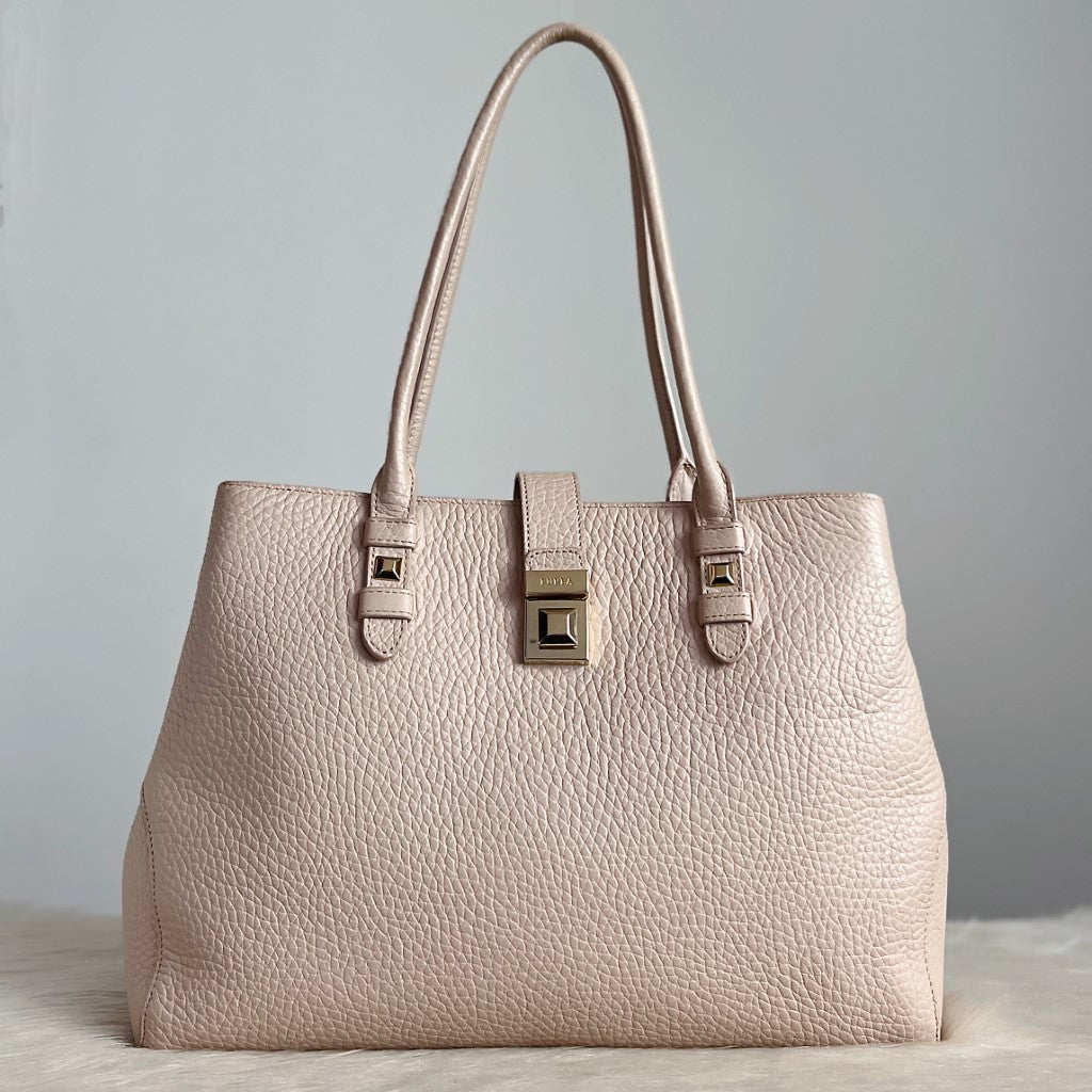 Furla Beige Leather Front Buckle Carryall Shoulder Bag Excellent