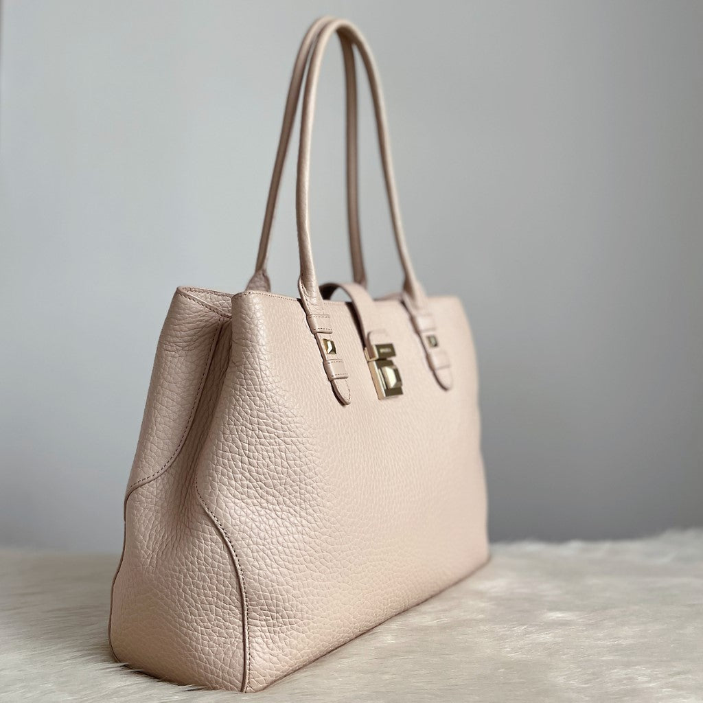 Furla Beige Leather Front Buckle Carryall Shoulder Bag Excellent