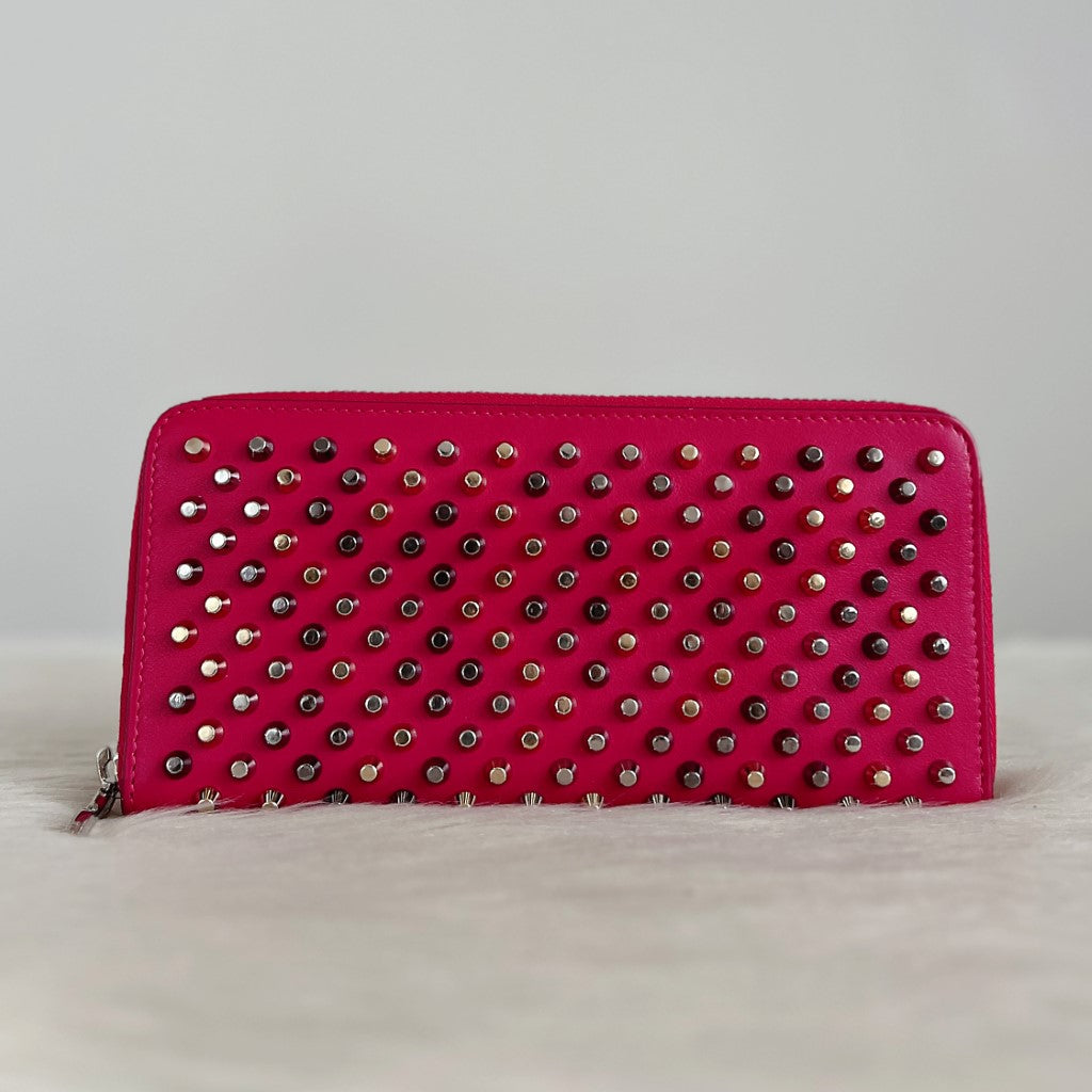 Christian Louboutin Fuchsia Leather Signature Studs Zip Compartment Long Wallet Excellent