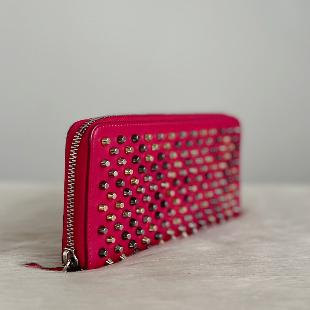 Christian Louboutin Fuchsia Leather Signature Studs Zip Compartment Long Wallet Excellent