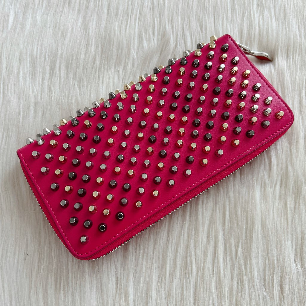 Christian Louboutin Fuchsia Leather Signature Studs Zip Compartment Long Wallet Excellent