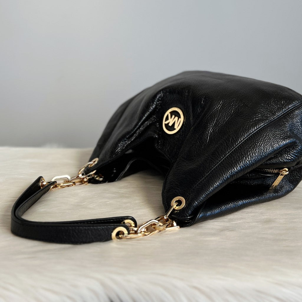 Michael Kors Patent Black Leather Chain Detail Slouchy Shoulder Bag