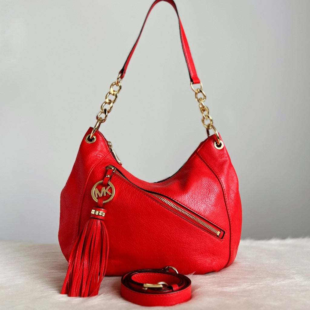 Michael Kors Bright Red Leather MK Tassel Charm 2 Way Shoulder Bag