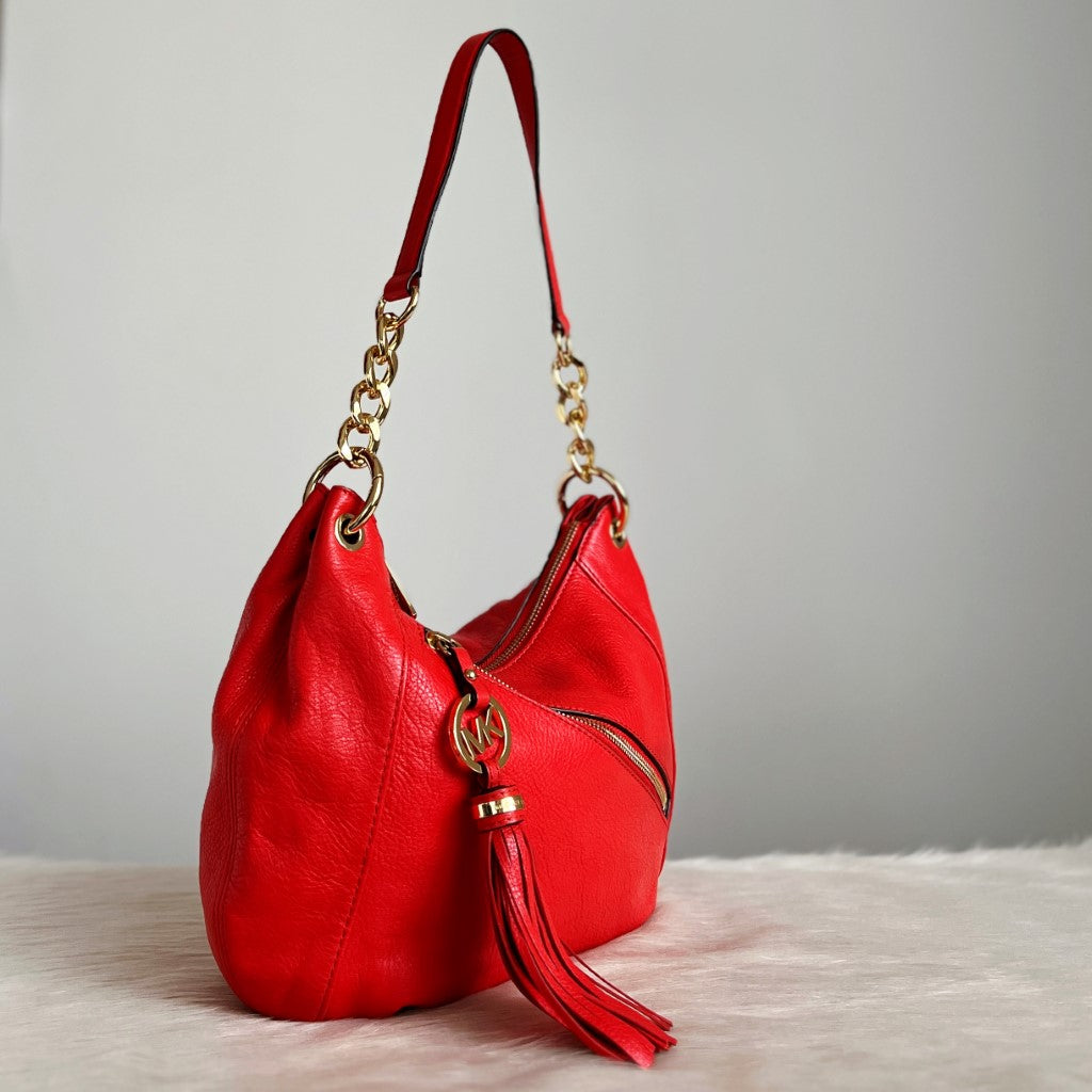 Michael Kors Bright Red Leather MK Tassel Charm 2 Way Shoulder Bag