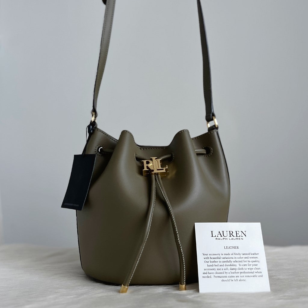 Ralph Lauren Olive Leather Drawstring Bucket Shoulder Bag New with Tags