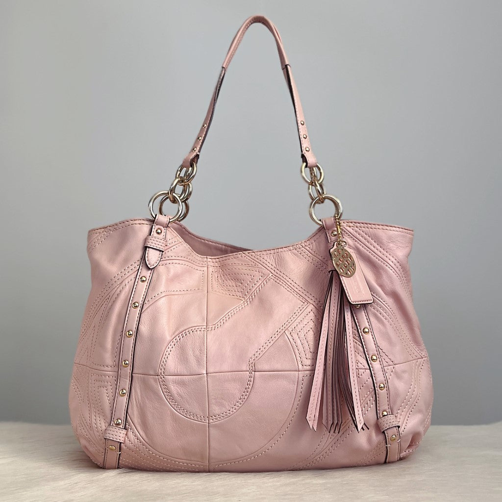 Coach Pink Leather Tassel Charm Triple Compartment Shoulder Bag