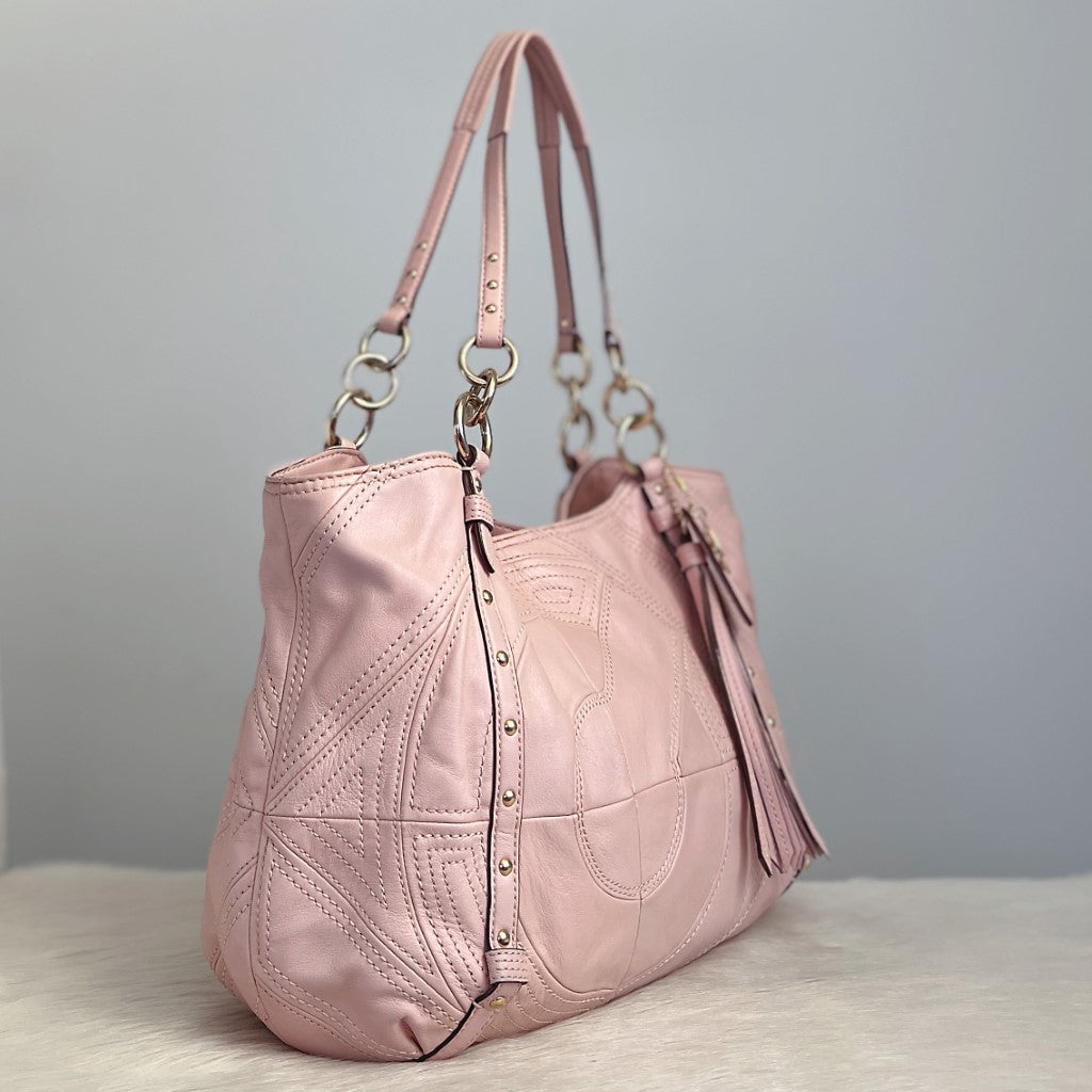 Coach Pink Leather Tassel Charm Triple Compartment Shoulder Bag