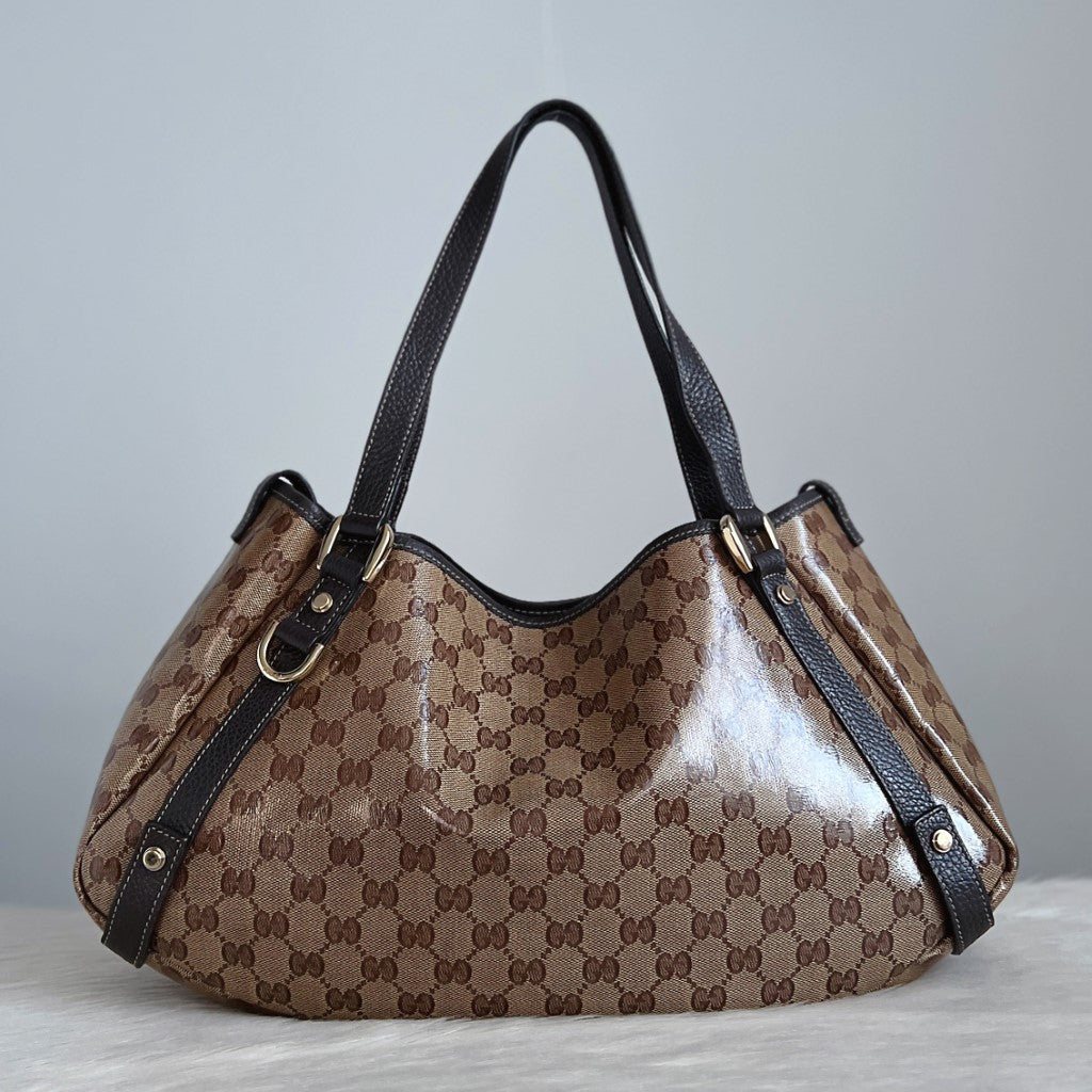 Gucci Chocolate Leather Double G Monogram Abbey Shoulder Bag Excellent