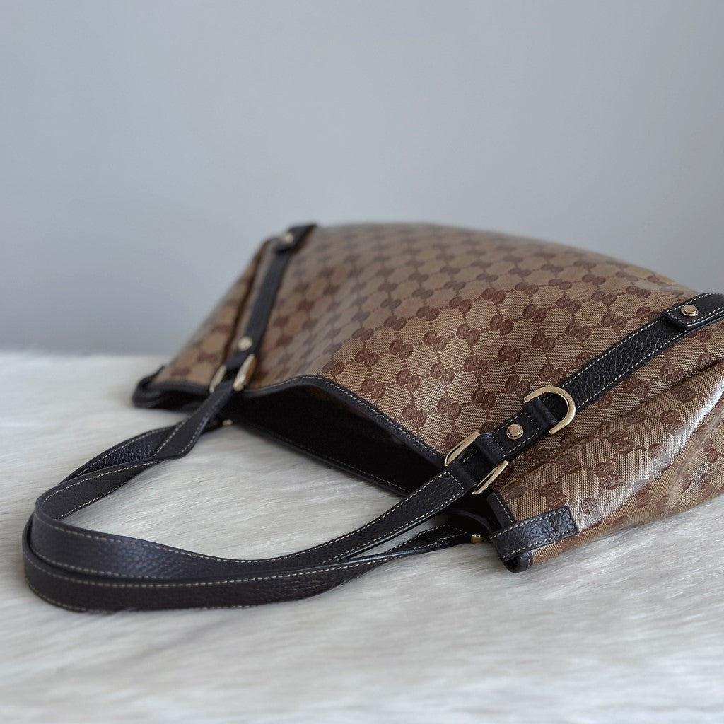 Gucci Chocolate Leather Double G Monogram Abbey Shoulder Bag Excellent