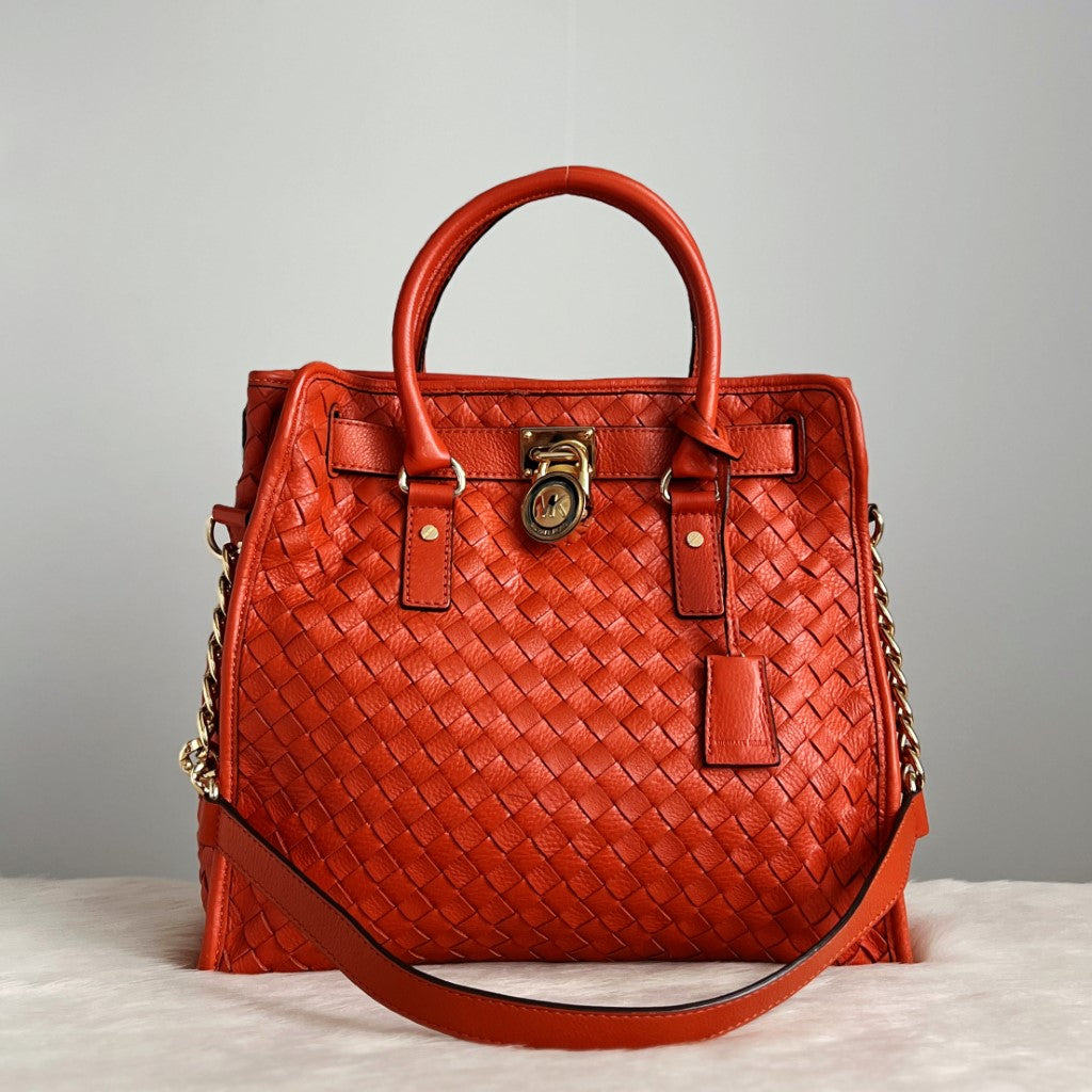 Michael Kors Orange Leather Woven Hamilton Large 2 Way Shoulder Bag