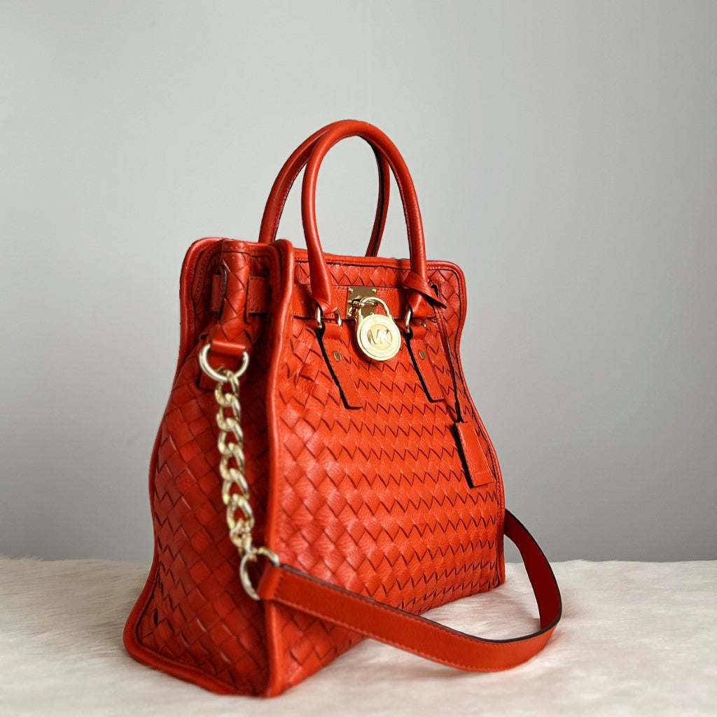 Michael Kors Orange Leather Woven Hamilton Large 2 Way Shoulder Bag