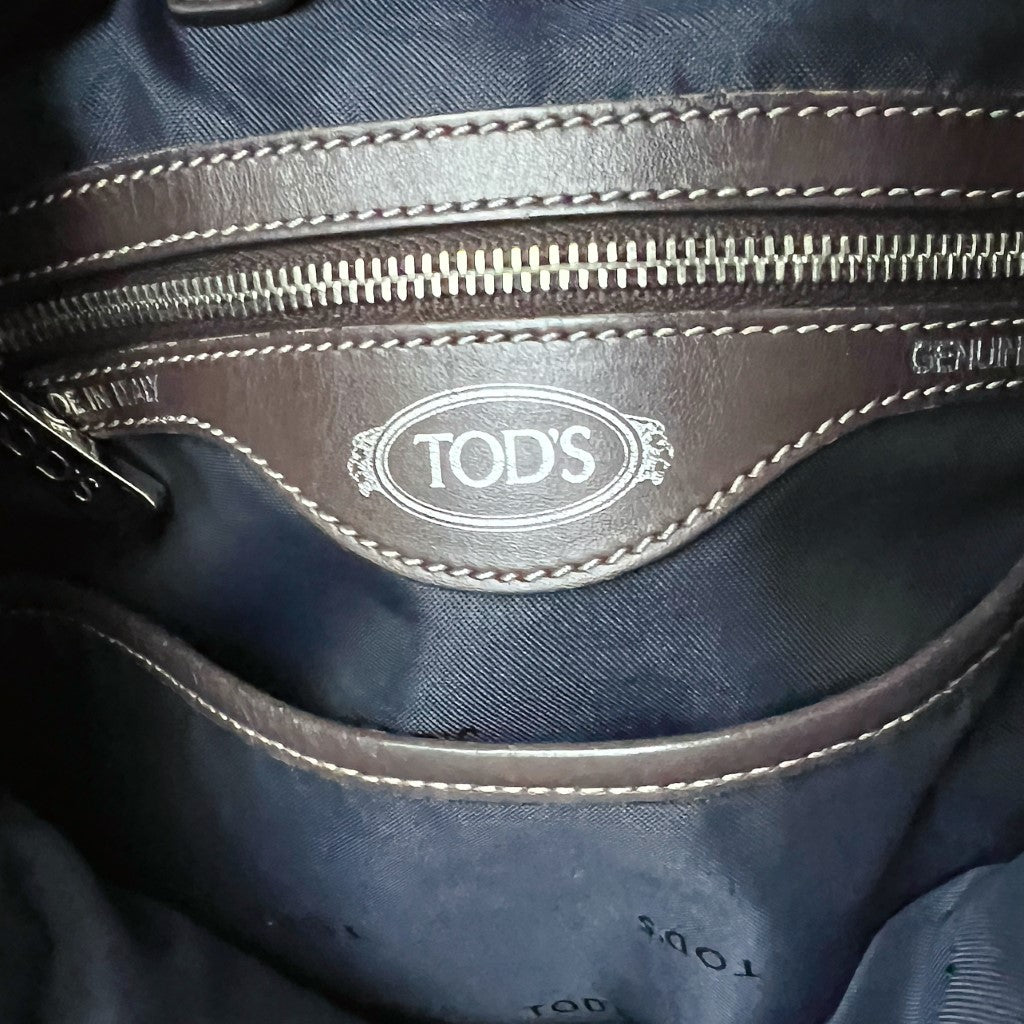 Tod's Chocolate Leather Trim Navy Front Logo 2 Way Shoulder Bag