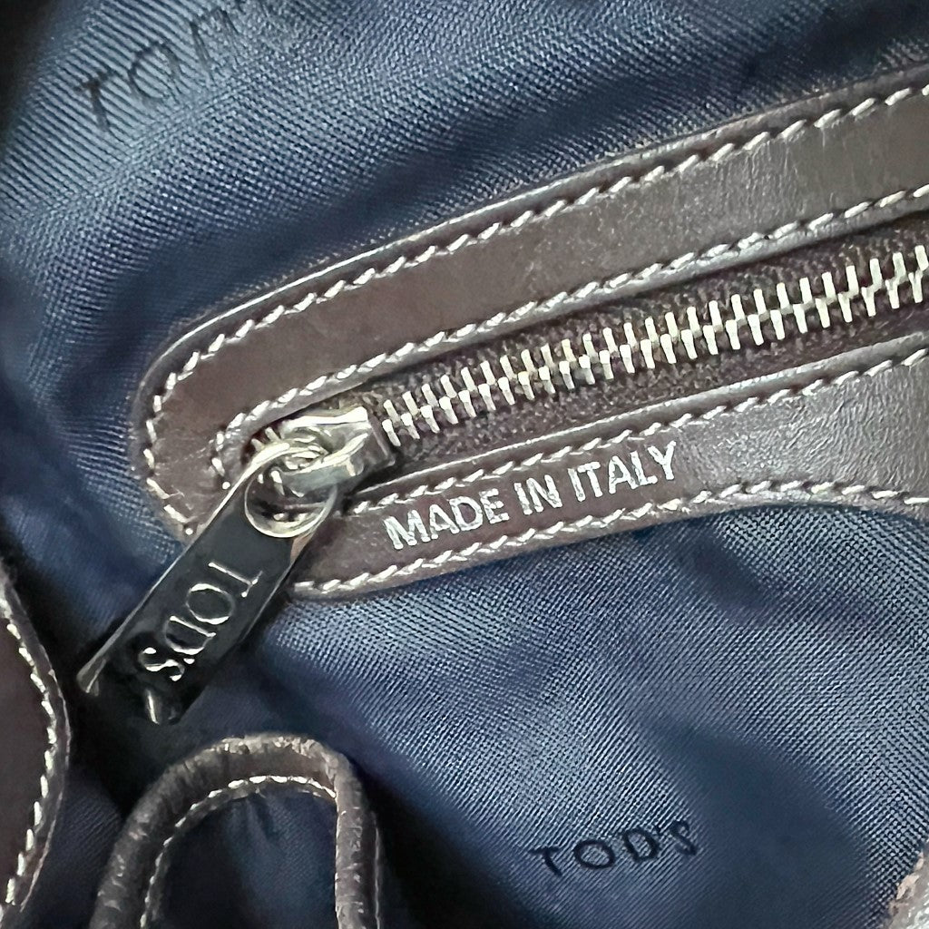 Tod's Chocolate Leather Trim Navy Front Logo 2 Way Shoulder Bag