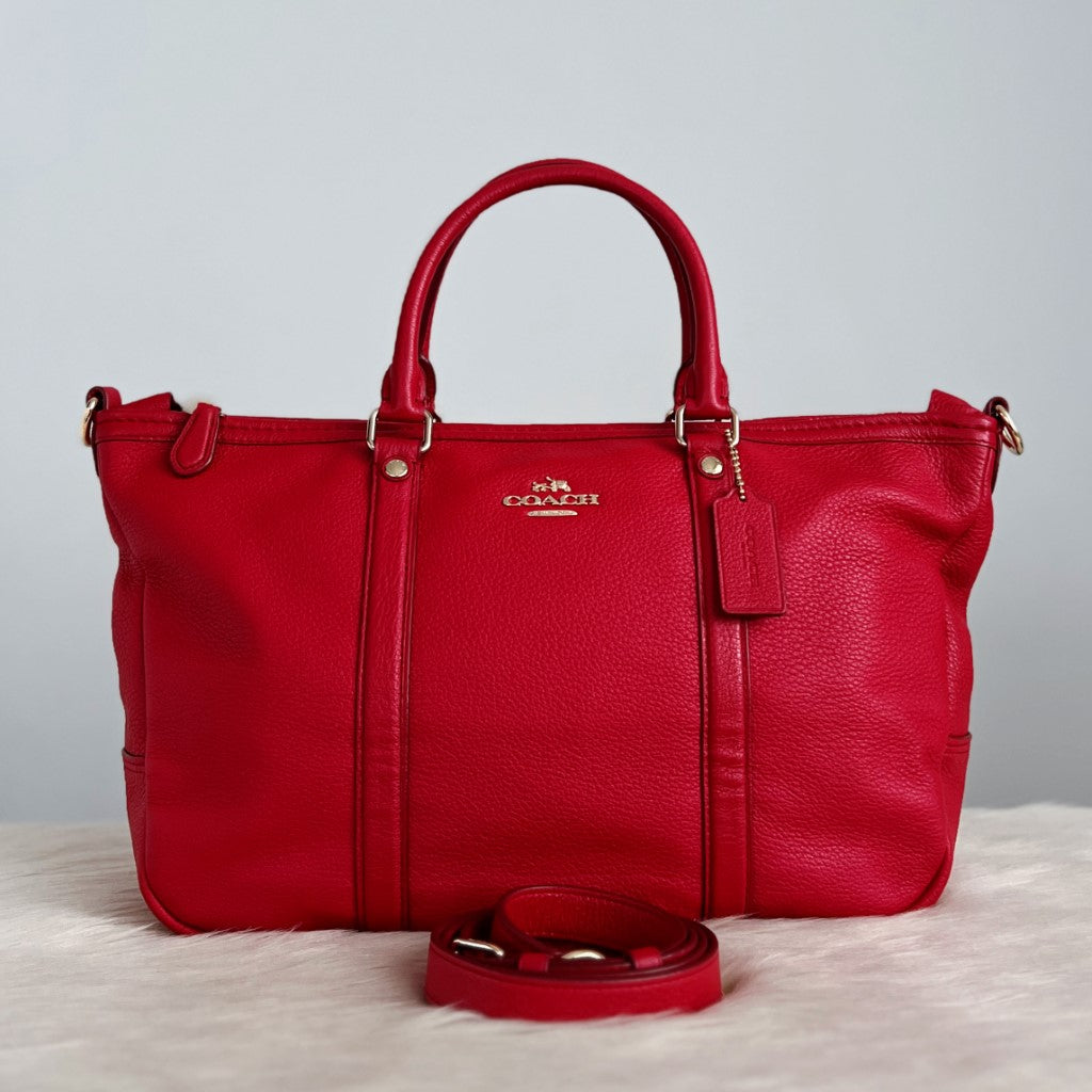 Coach Red Leather Front Logo Carryall 2 Way Shoulder Bag