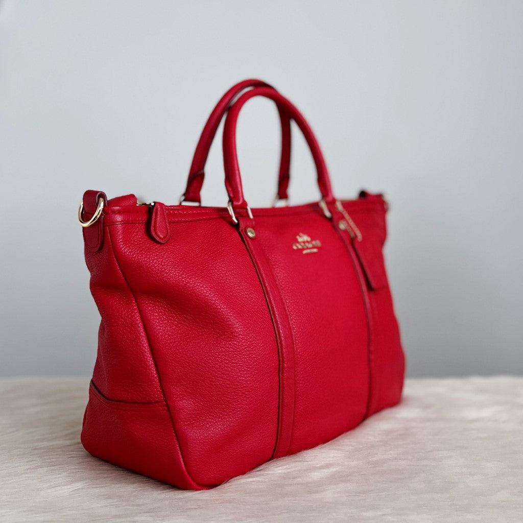 Coach Red Leather Front Logo Carryall 2 Way Shoulder Bag