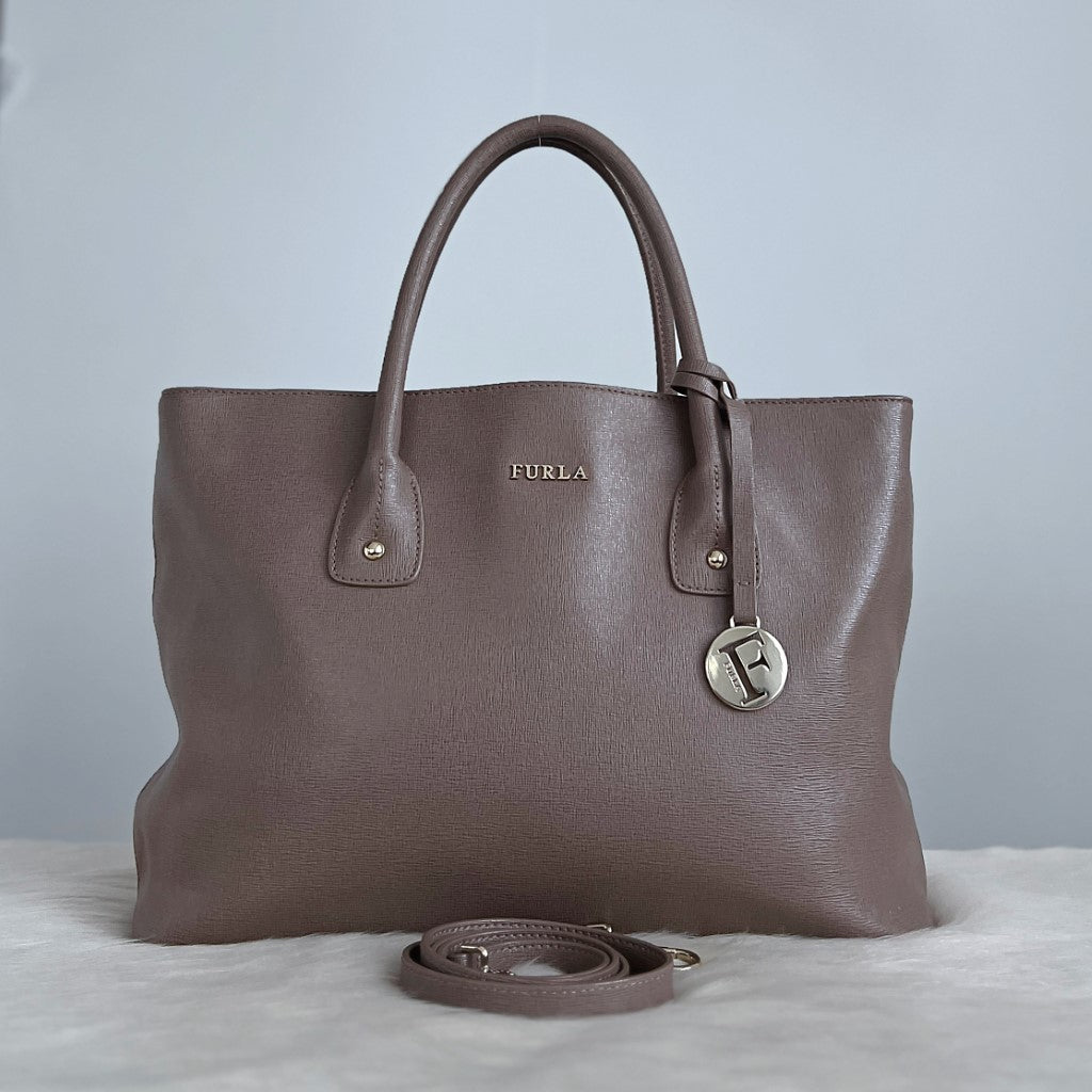 Furla Taupe Leather Career Triple Compartment 2 Way Shoulder Bag