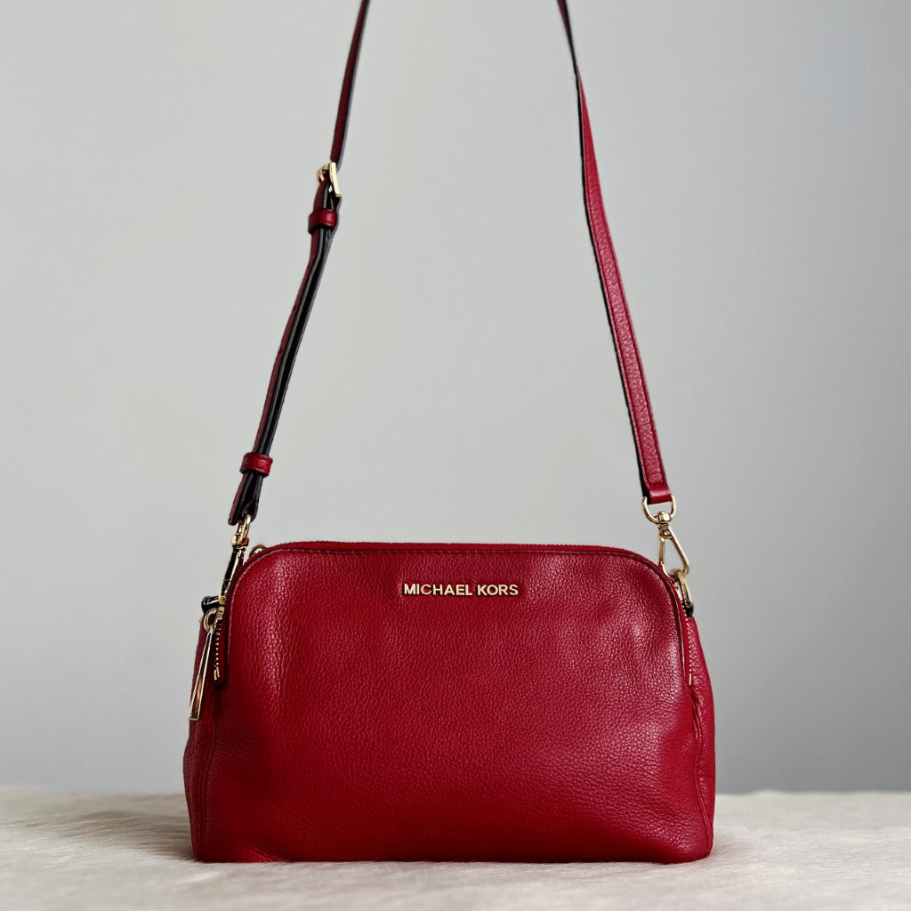 Michael Kors Red Leather Triple Compartment Crossbody Shoulder Bag