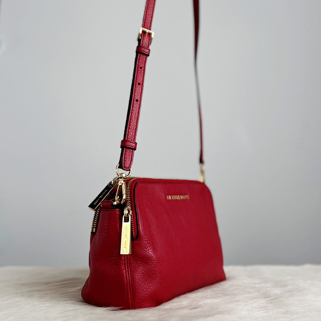 Michael Kors Red Leather Triple Compartment Crossbody Shoulder Bag