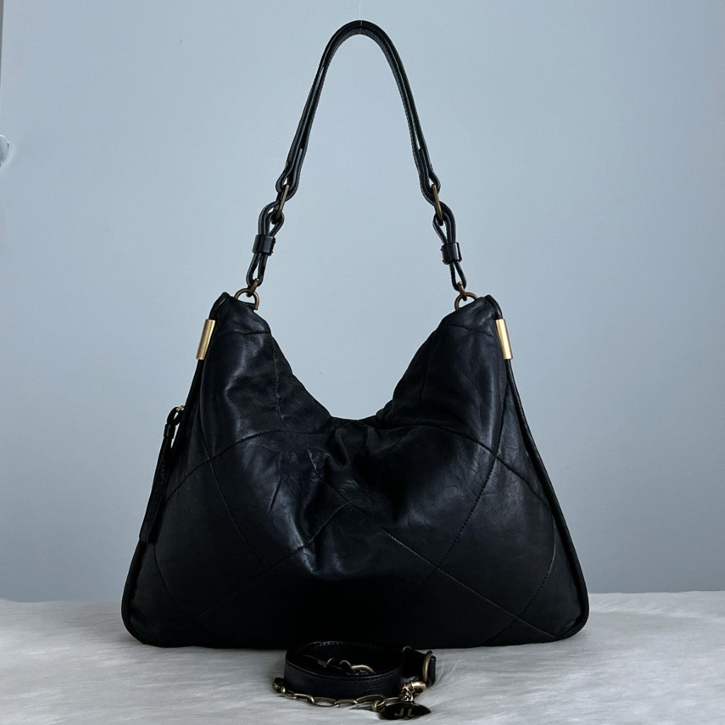 Lanvin Black Leather Quilted Lambskin Slouchy 2 Way Shoulder Bag