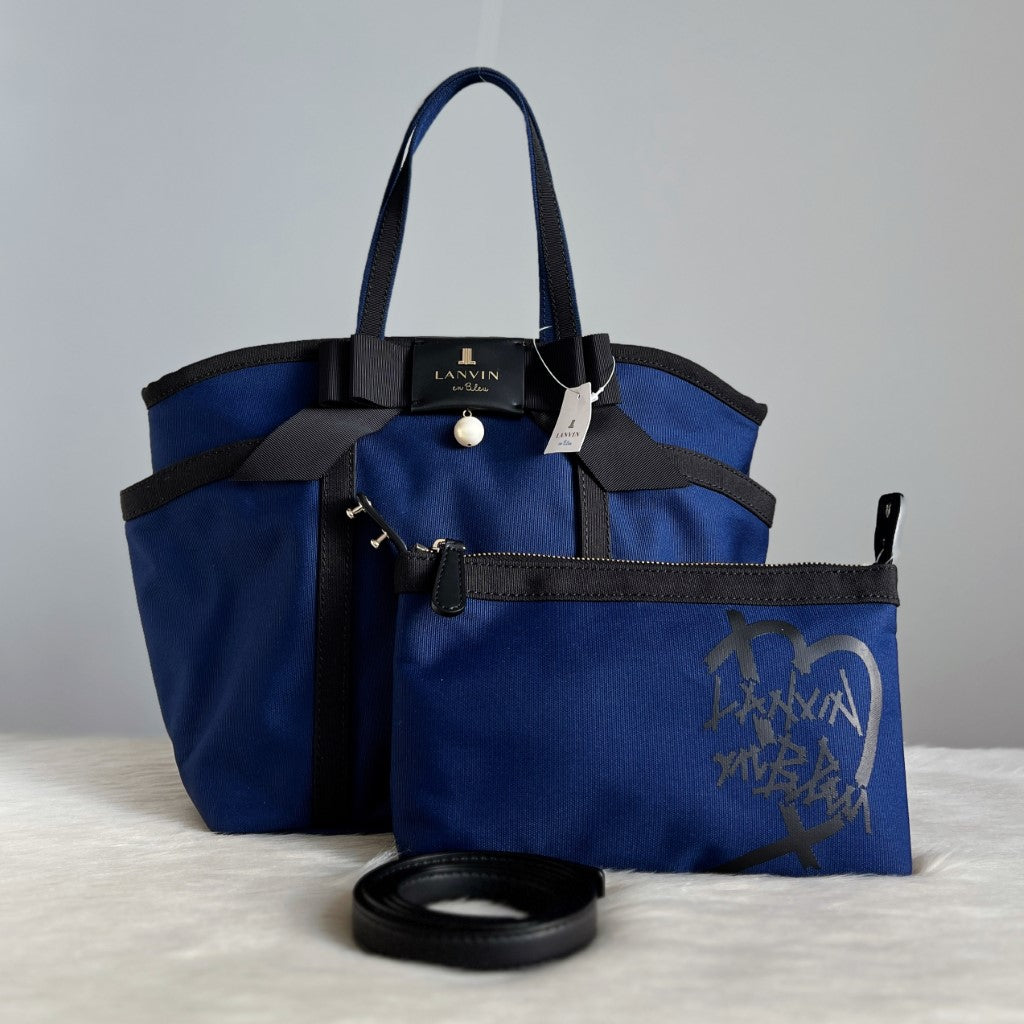 Lanvin Royal Blue Canvas Bow Detail Tote Bag +Shoulder Bag 2 in 1 New with Tags