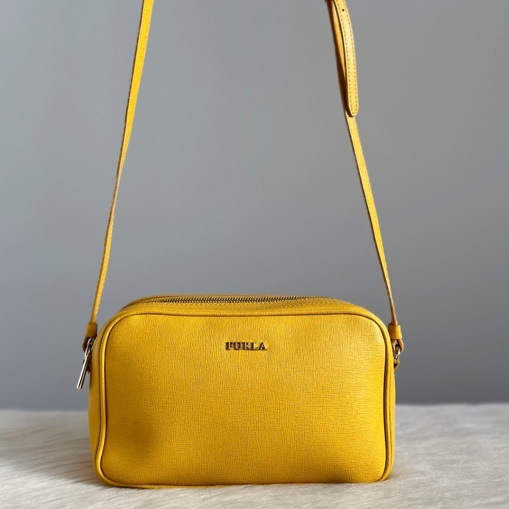 Furla Yellow Leather Double Compartment Crossbody Shoulder Bag