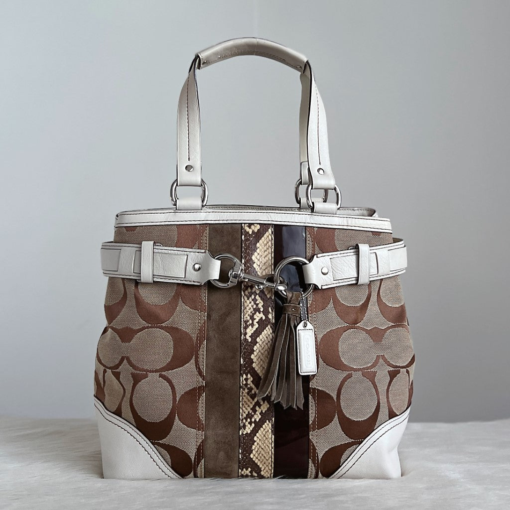 Coach White Leather Monogram Patchwork Buckle Detail Tote Shoulder Bag