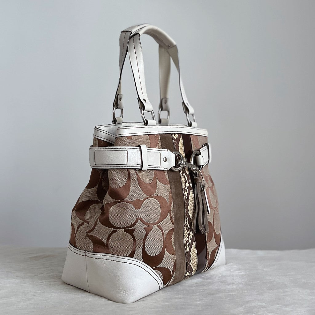 Coach White Leather Monogram Patchwork Buckle Detail Tote Shoulder Bag