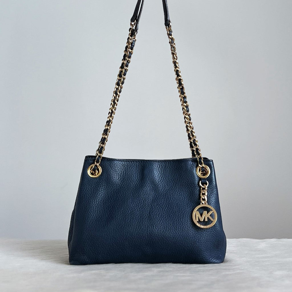 Michael Kors Navy Leather MK Charm Chain 2 Way Shoulder Bag