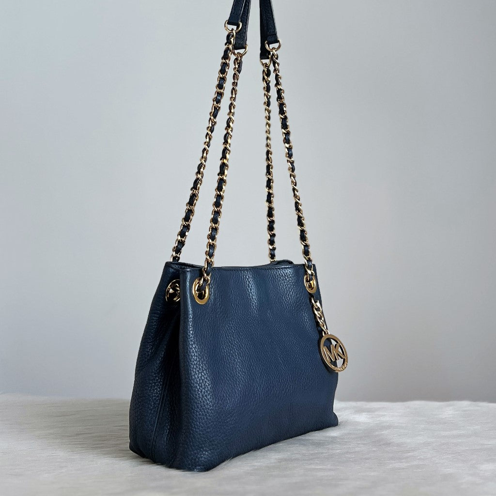 Michael Kors Navy Leather MK Charm Chain 2 Way Shoulder Bag