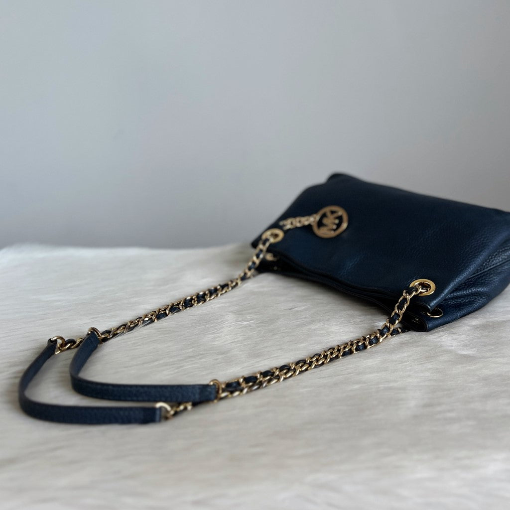 Michael Kors Navy Leather MK Charm Chain 2 Way Shoulder Bag