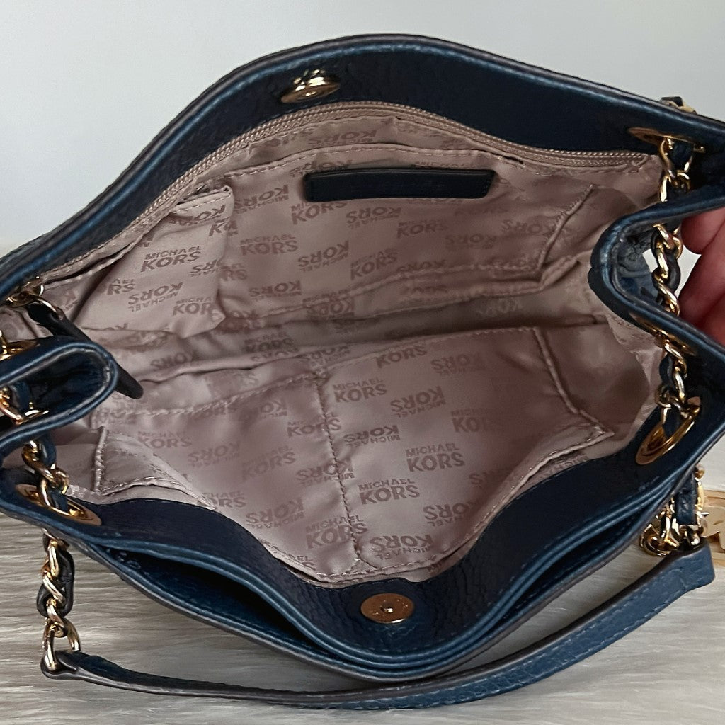 Michael Kors Navy Leather MK Charm Chain 2 Way Shoulder Bag