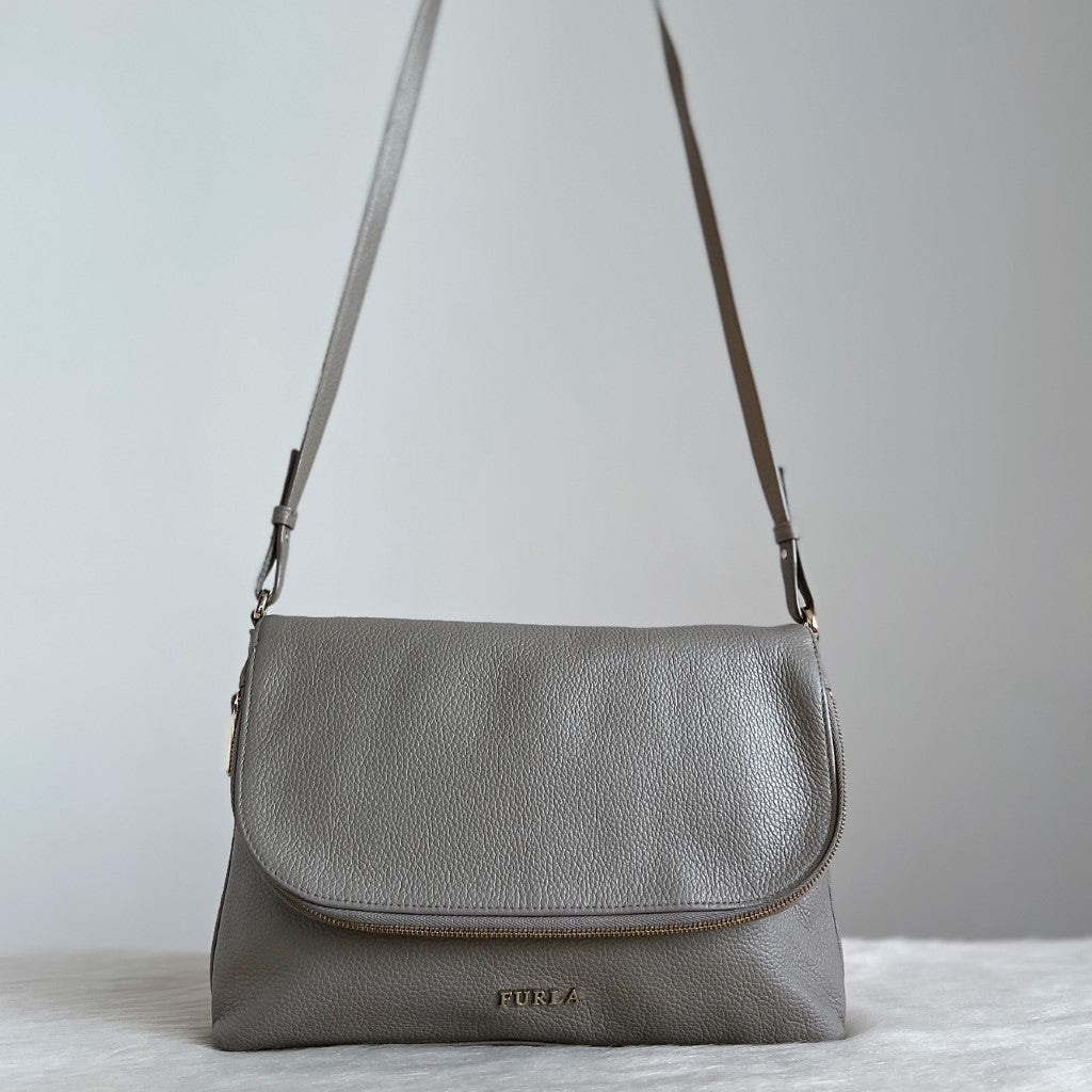 Furla Grey Leather Zipped Flap Crossbody Shoulder Bag