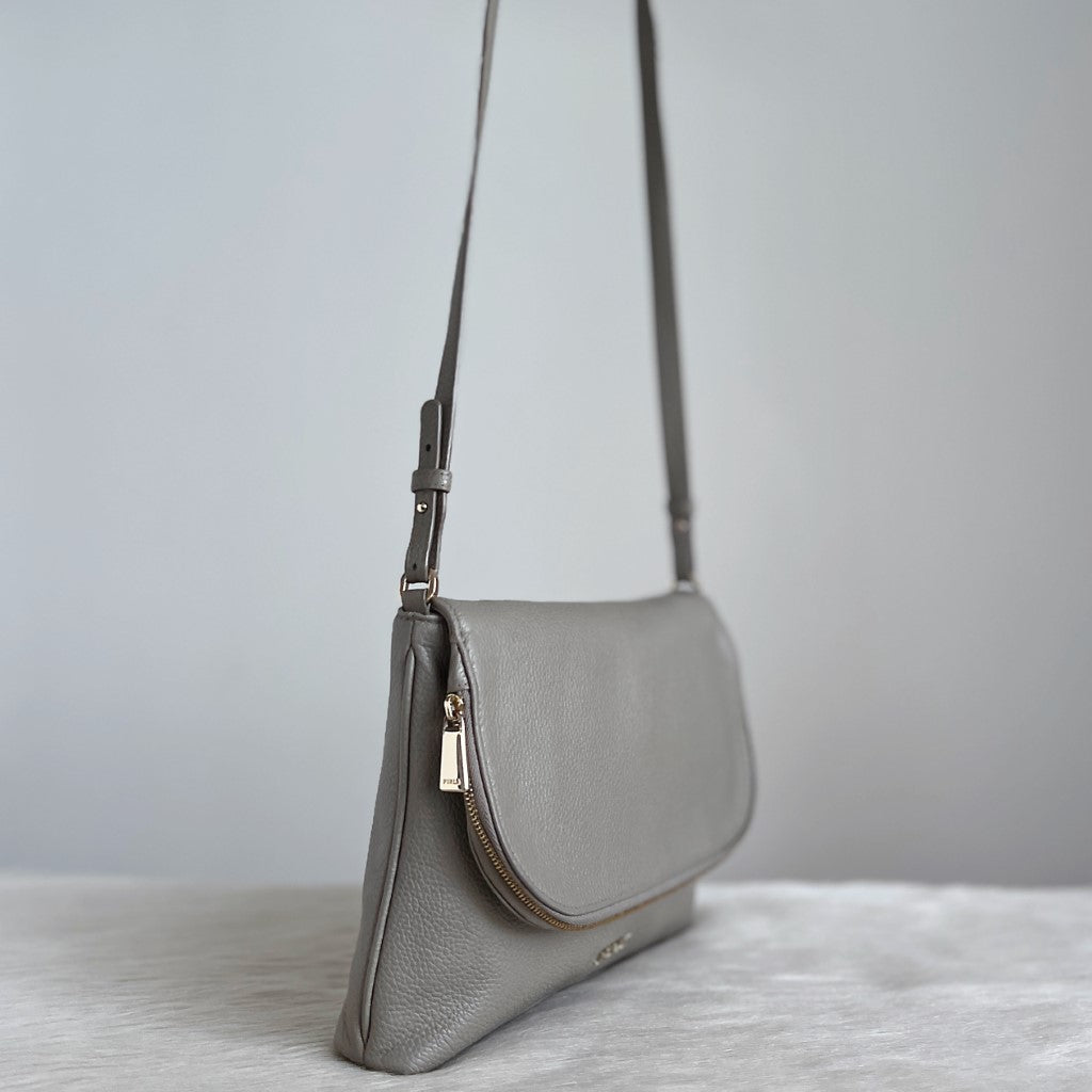 Furla Grey Leather Zipped Flap Crossbody Shoulder Bag