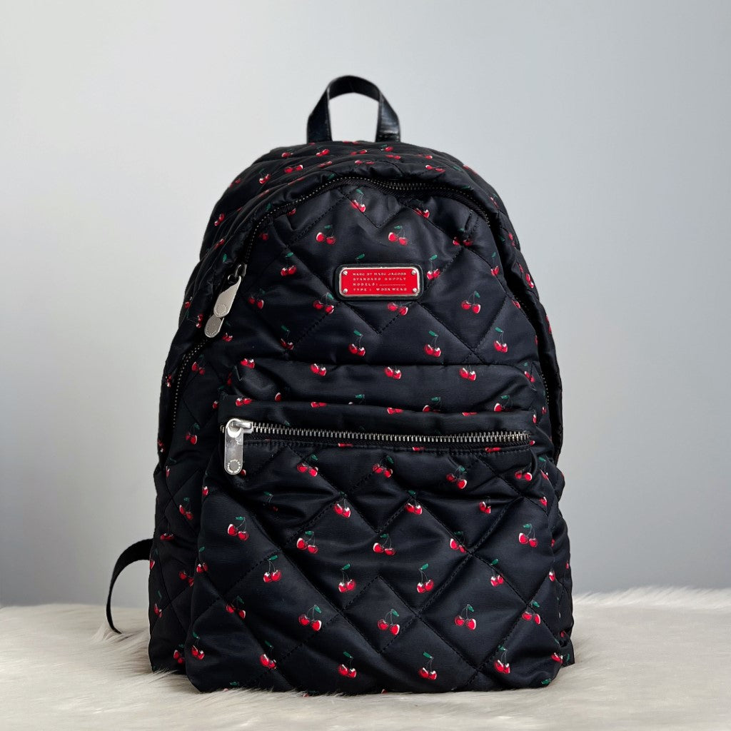 Marc Jacobs Black Nylon Quilted Cherry Pattern Front Logo Backpack