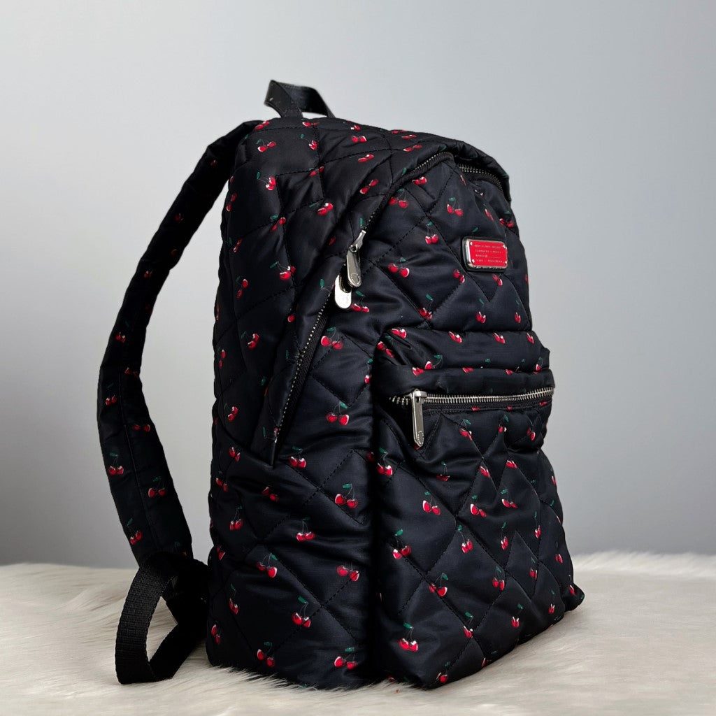 Marc Jacobs Black Nylon Quilted Cherry Pattern Front Logo Backpack