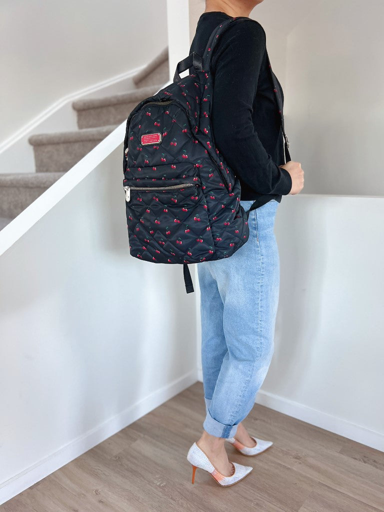 Marc Jacobs Black Nylon Quilted Cherry Pattern Front Logo Backpack