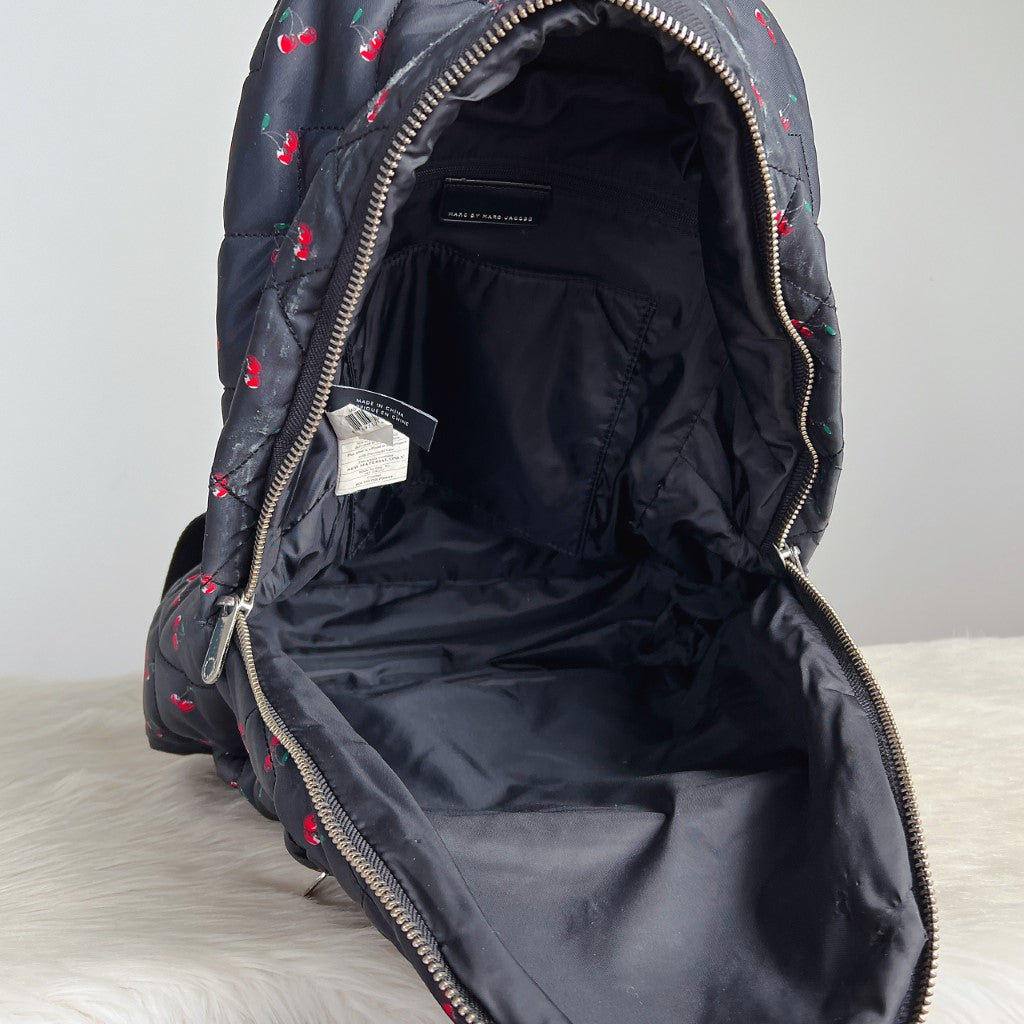 Marc Jacobs Black Nylon Quilted Cherry Pattern Front Logo Backpack