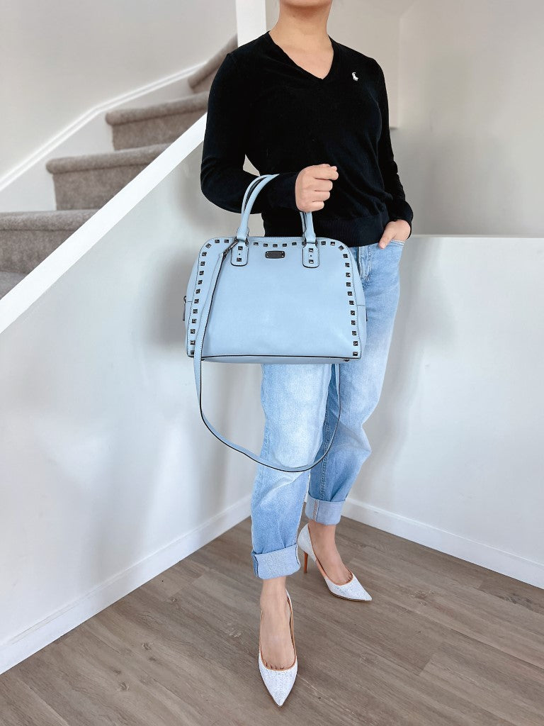 Michael Kors Light Blue Leather Studded Boston 2 Way Shoulder Bag