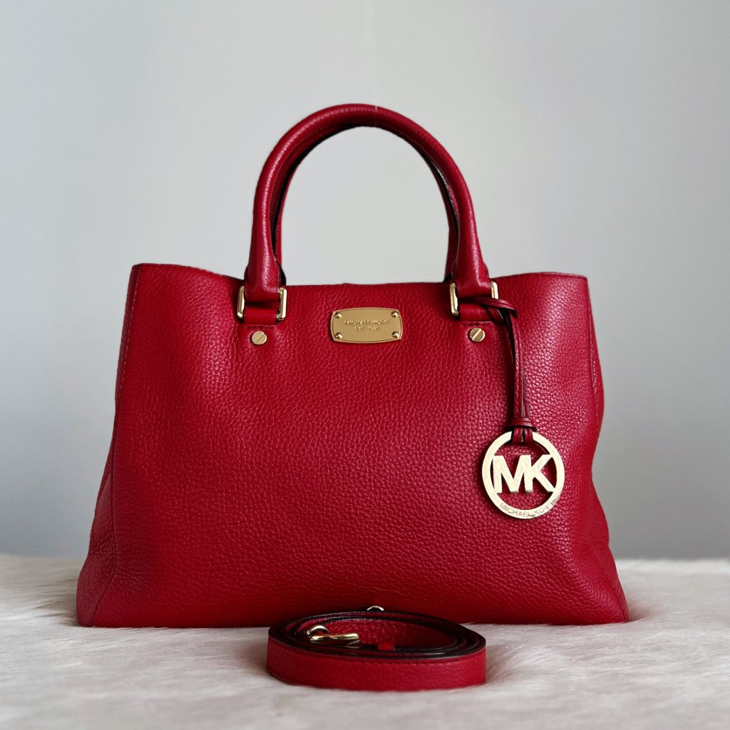 Michael Kors Red Leather MK Charm Triple Compartment 2 Way Shoulder Bag