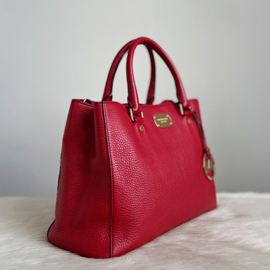 Michael Kors Red Leather MK Charm Triple Compartment 2 Way Shoulder Bag