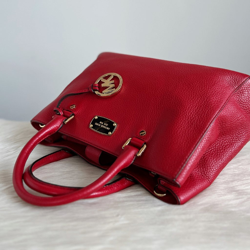 Michael Kors Red Leather MK Charm Triple Compartment 2 Way Shoulder Bag