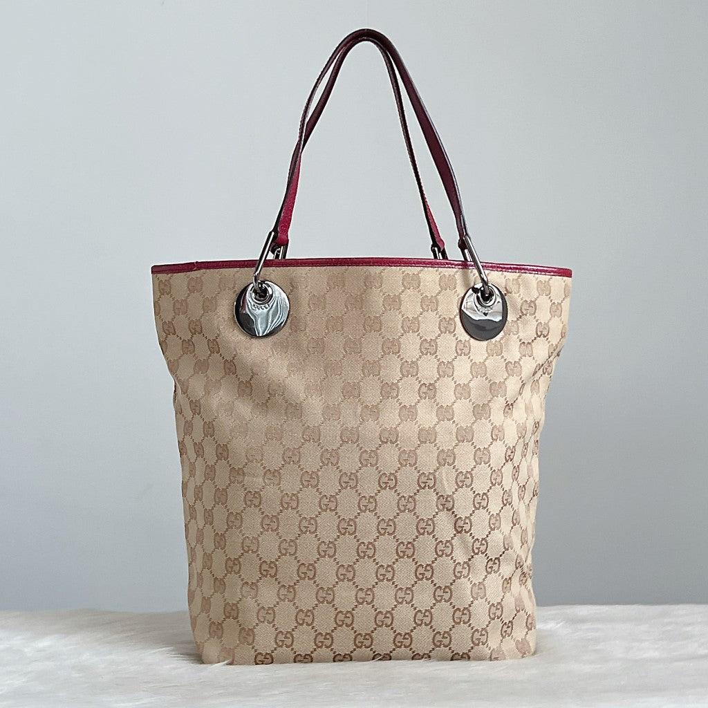 Gucci Leather Trim Signature Double G Monogram Carryall Shoulder Bag