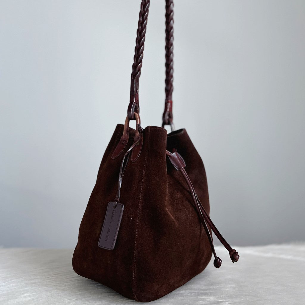 Ralph Lauren Chocolate Suede Drawstring Bucket Shoulder Bag