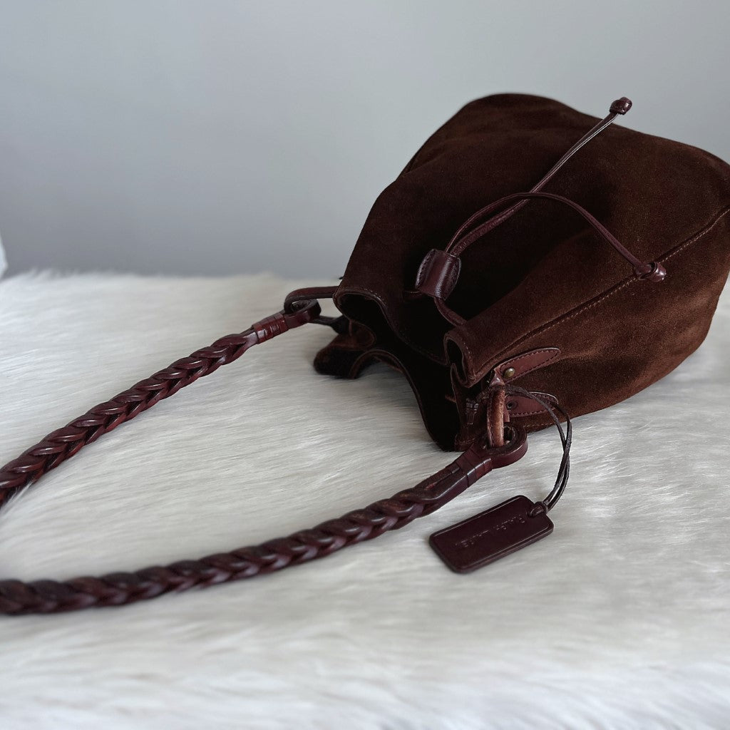 Ralph Lauren Chocolate Suede Drawstring Bucket Shoulder Bag