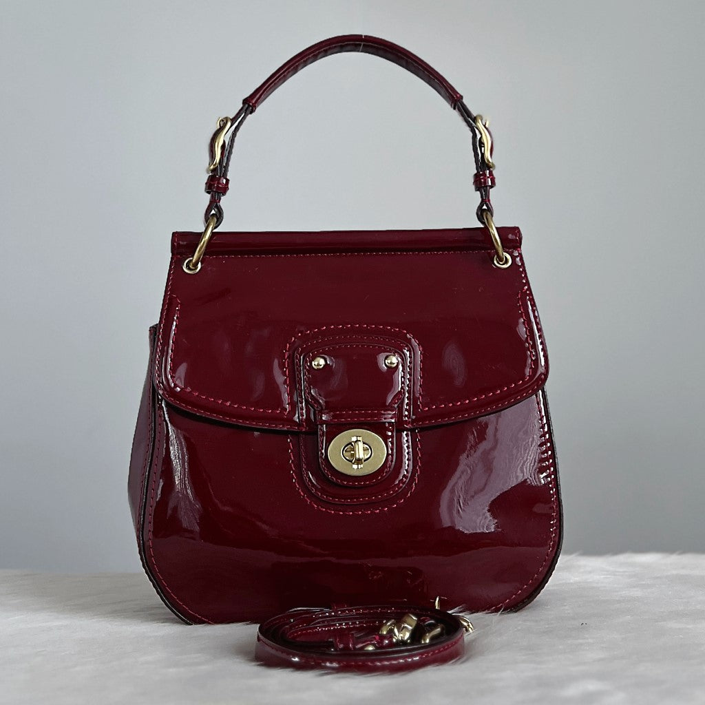 Coach Patent Maroon Leather Turn Lock 2 Way Shoulder Bag