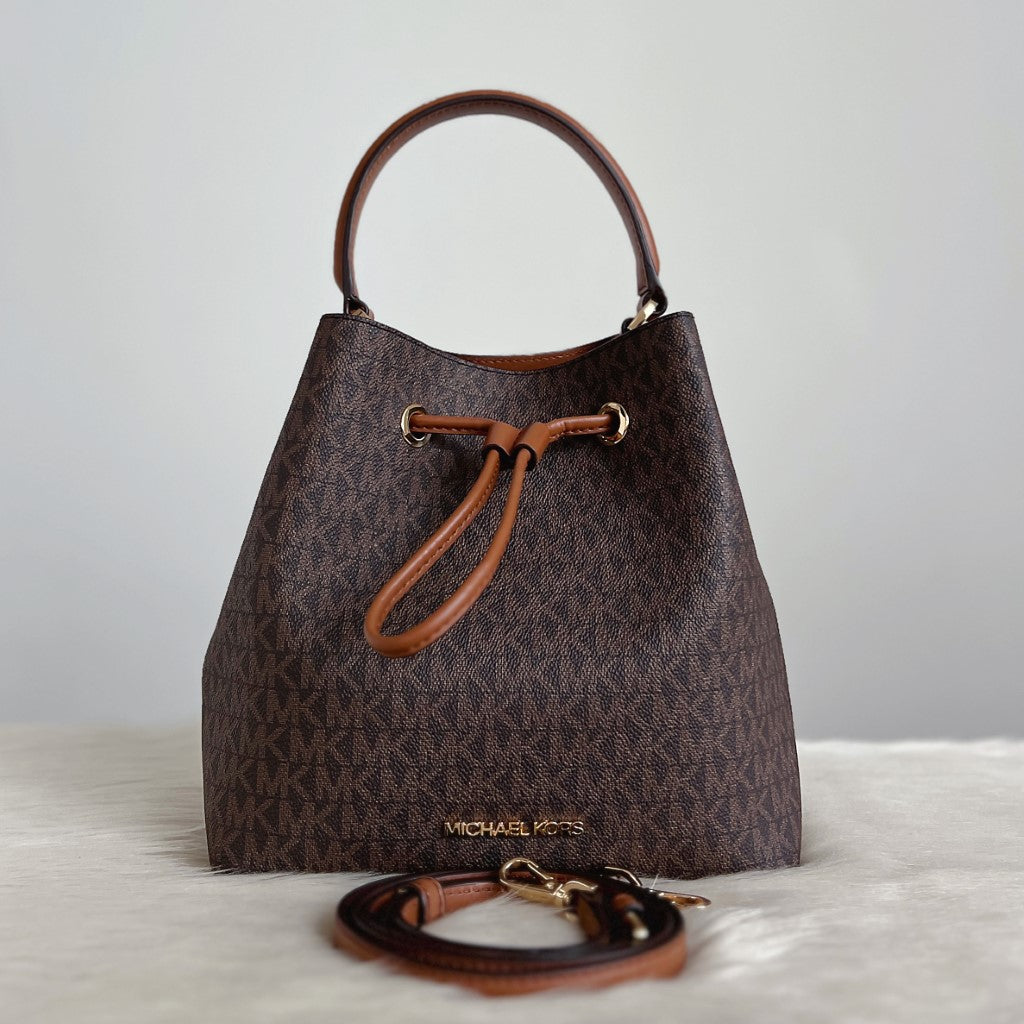 Michael Kors Caramel Leather Monogram Drawstring Bucket 2 Way Shoulder Bag Like New